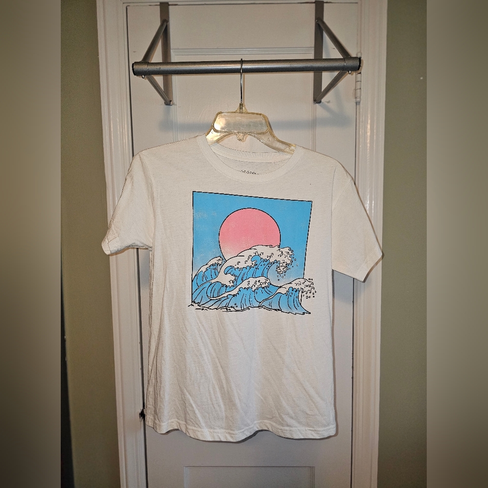 Mighty Fine White Tee with Blue and Pink Wave Design
